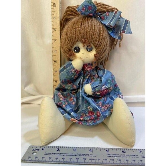 Doll Rag Vintage Handmade Cloth Soft Sculpture Blue Dress Yarn Hair button eyes - Picture 2 of 9